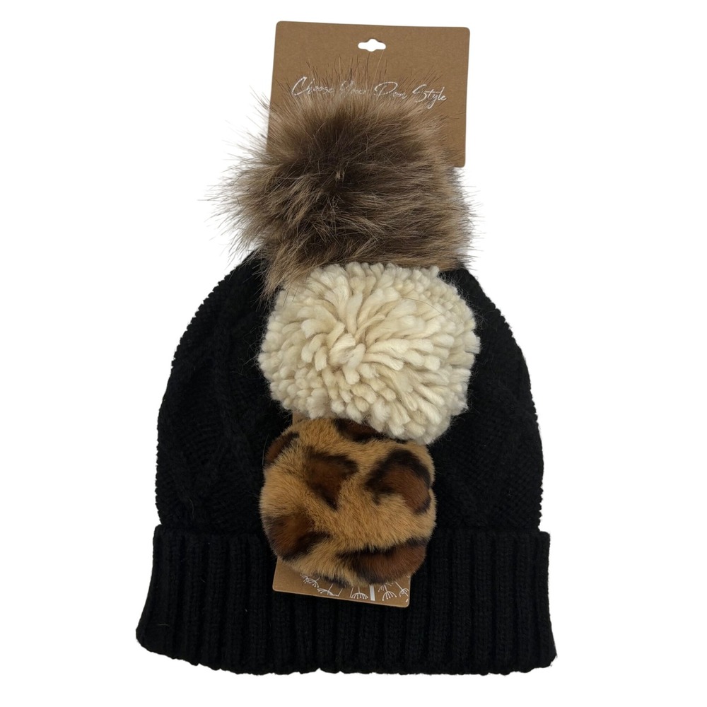 Britts Knits Snap To‎ It Beanie Black Cable Knit Hat 3 Interchangeable Pom Poms